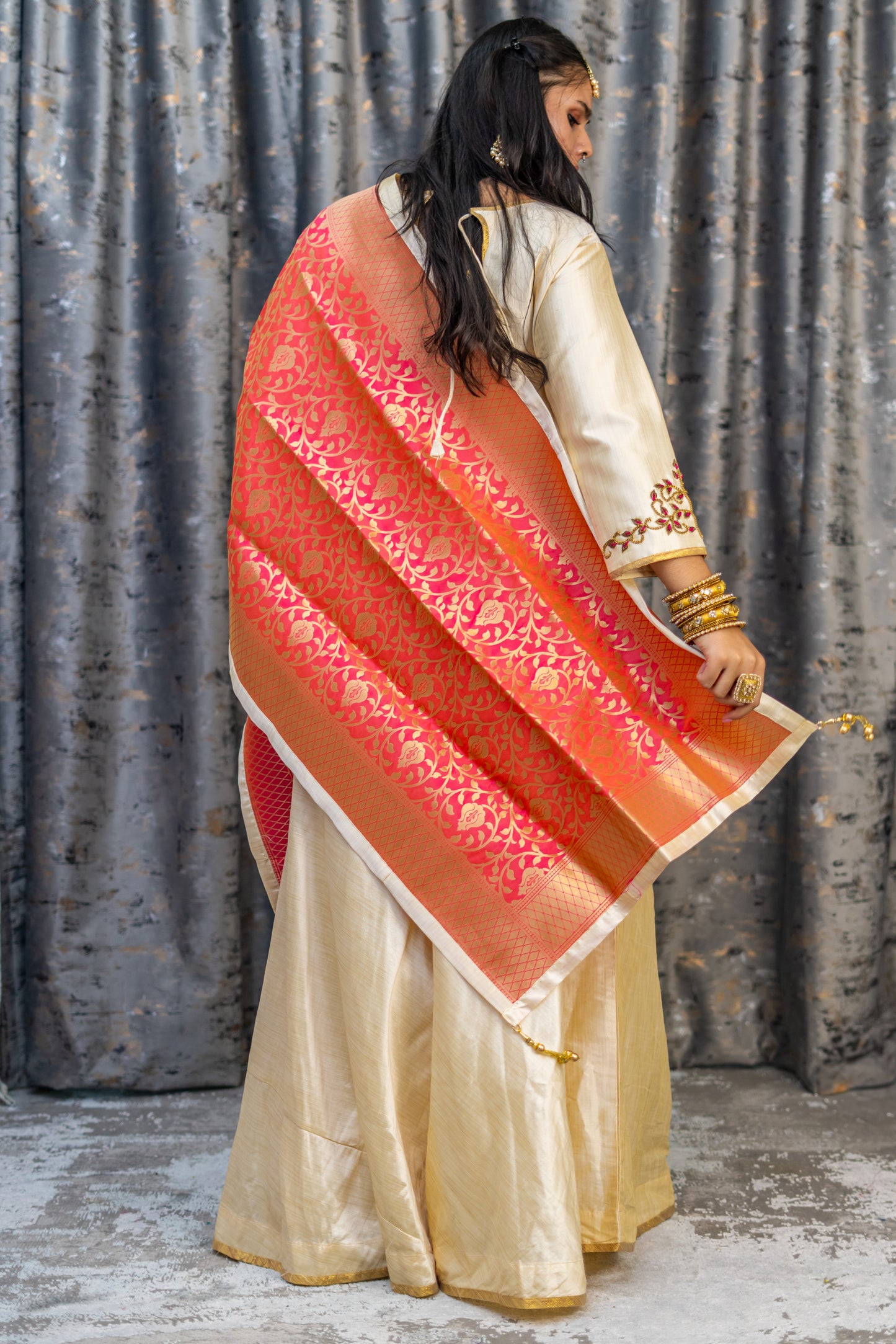 Cream Raw Silk Punjabi Set with Contrast Dupatta