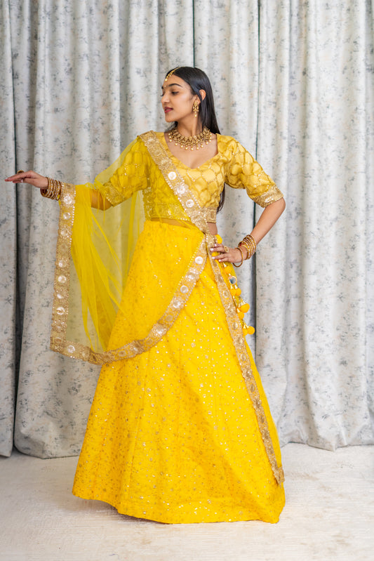 Yellow Cotton Lehenga Set with Embroidery