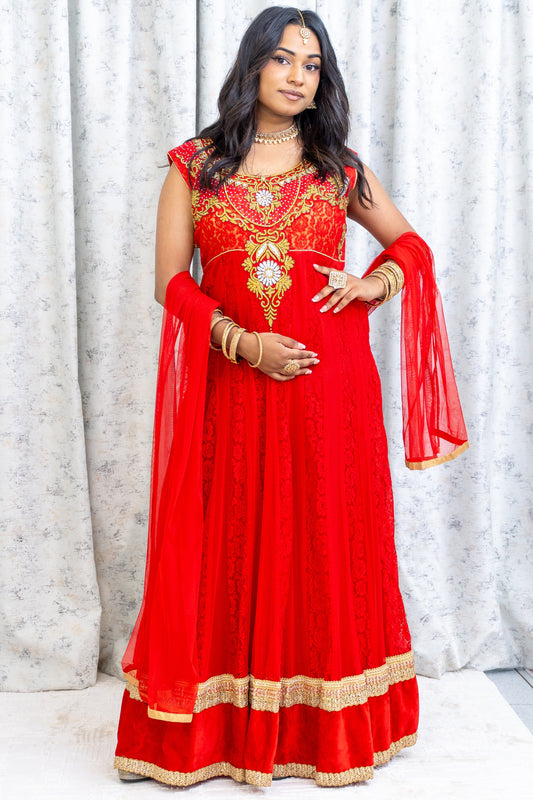 Red Net Punjabi Set with Swarovski Stone Work