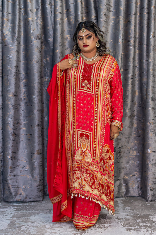 Red Printed Chinon Silk Punjabi Set
