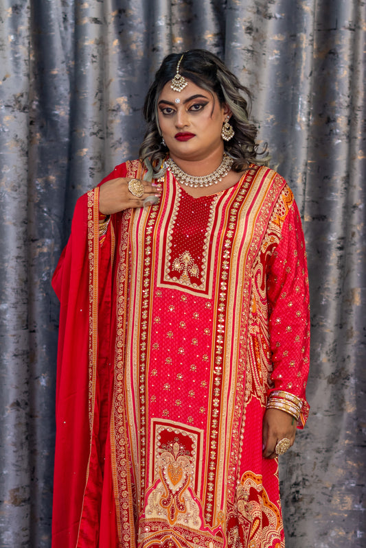 Red Printed Chinon Silk Punjabi Set
