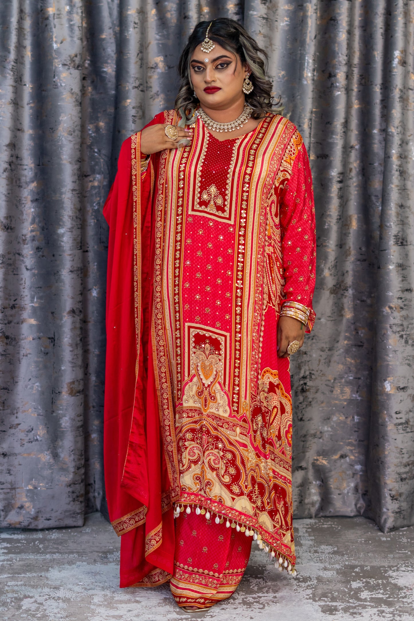 Red Printed Chinon Silk Punjabi Set
