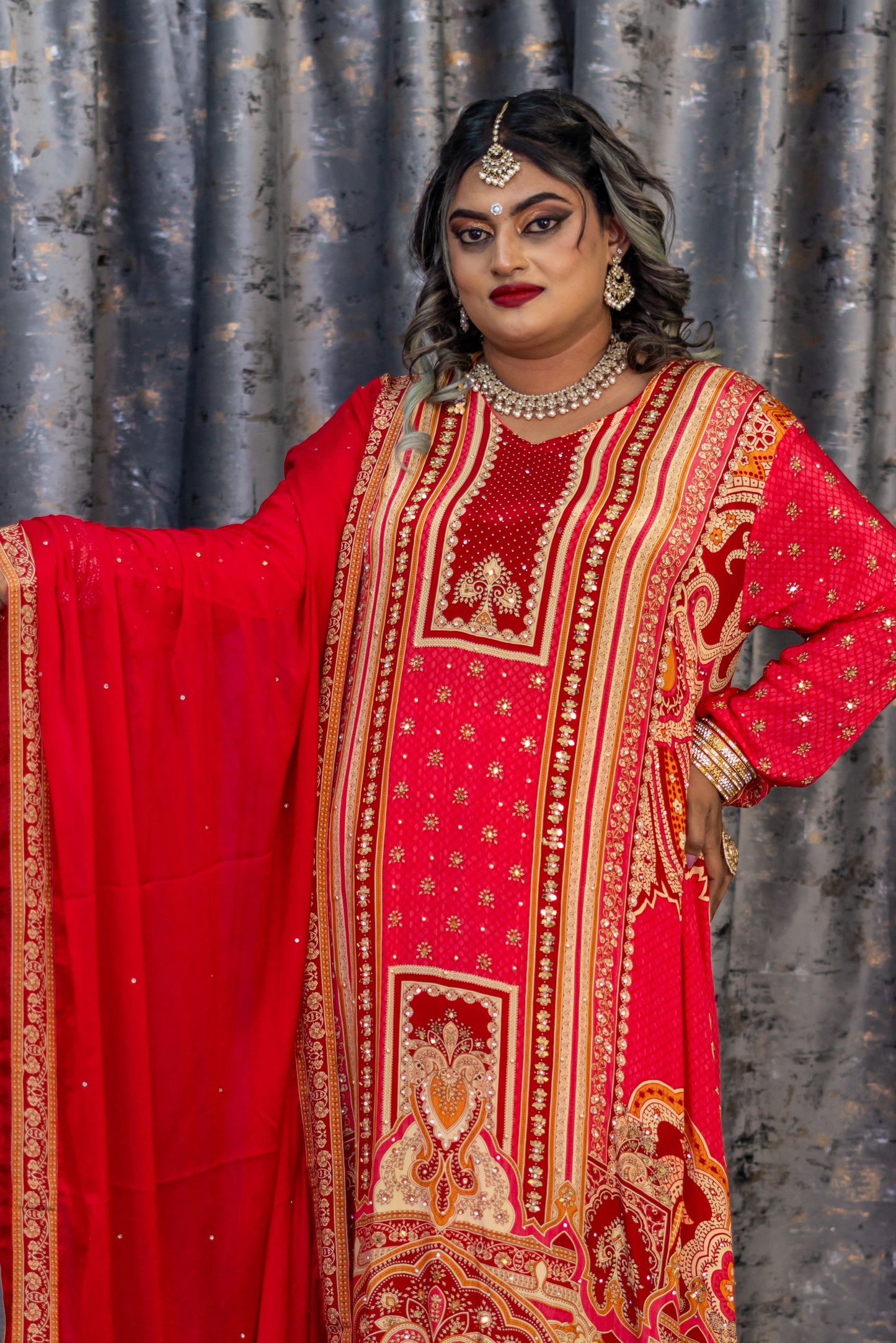 Red Printed Chinon Silk Punjabi Set