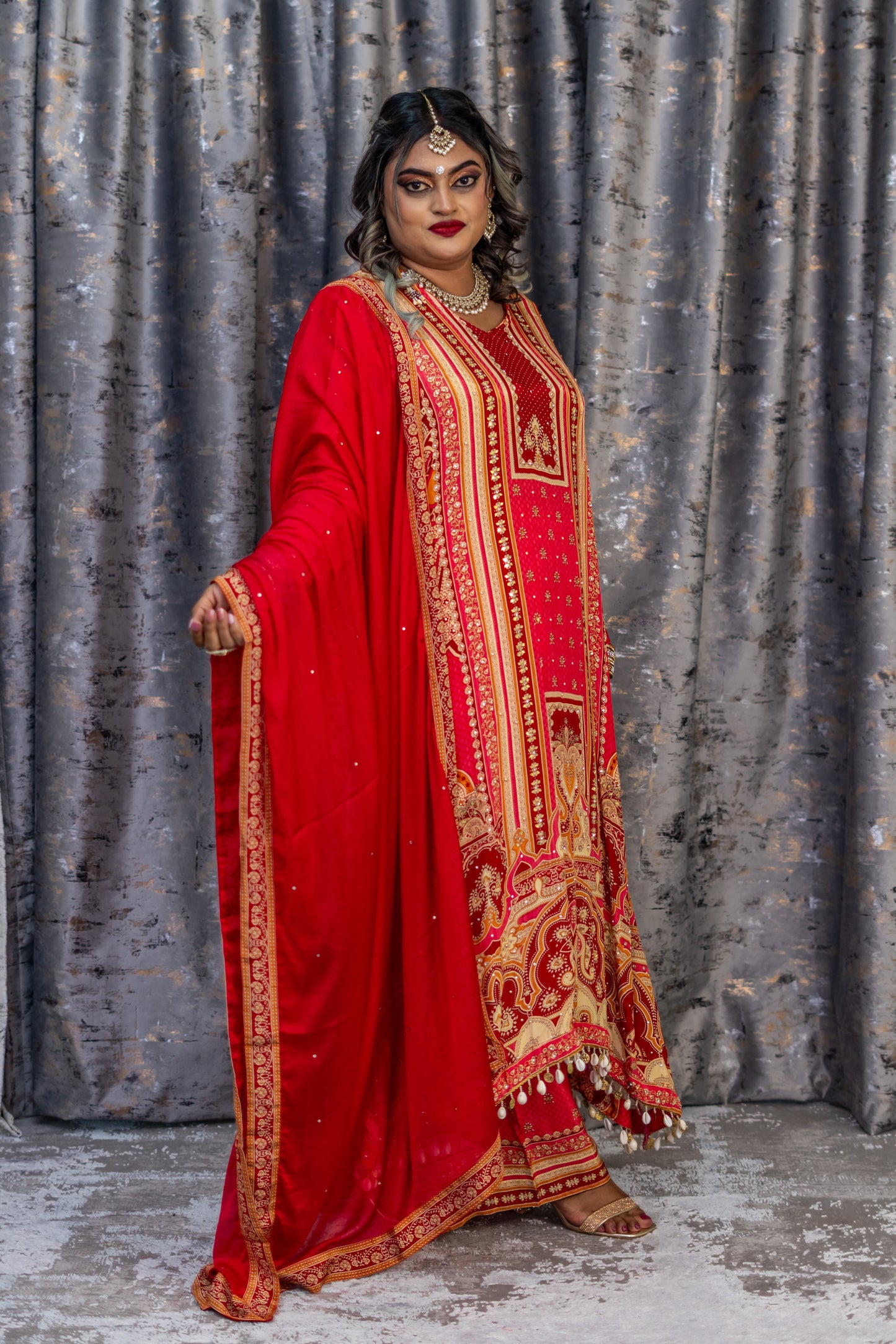 Red Printed Chinon Silk Punjabi Set