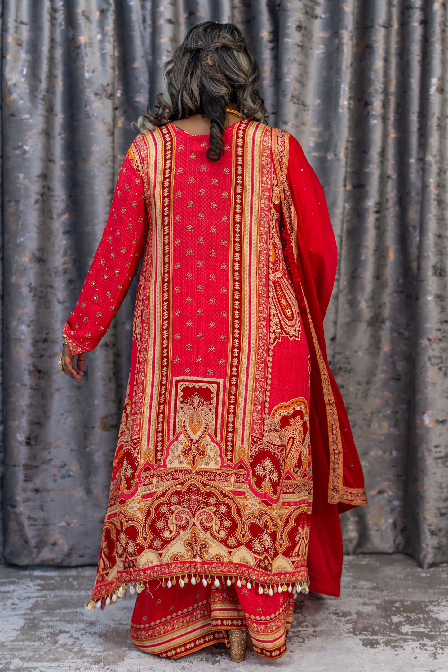 Red Printed Chinon Silk Punjabi Set