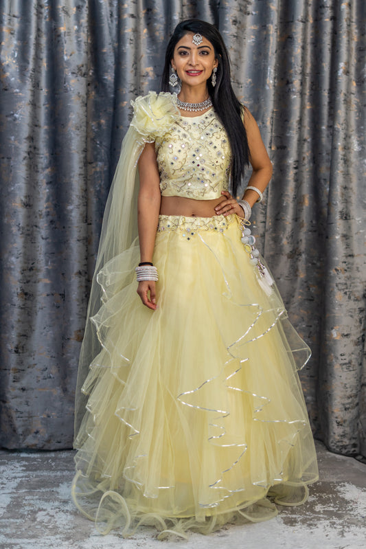 Off White Net Lehenga Set with Ablah Work