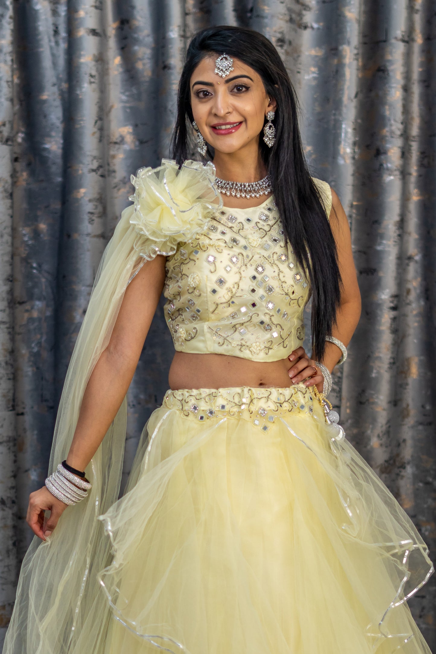 Off White Net Lehenga Set with Ablah Work