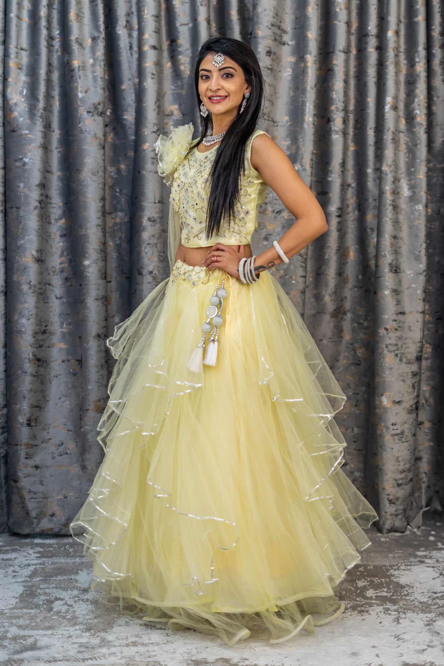 Off White Net Lehenga Set with Ablah Work