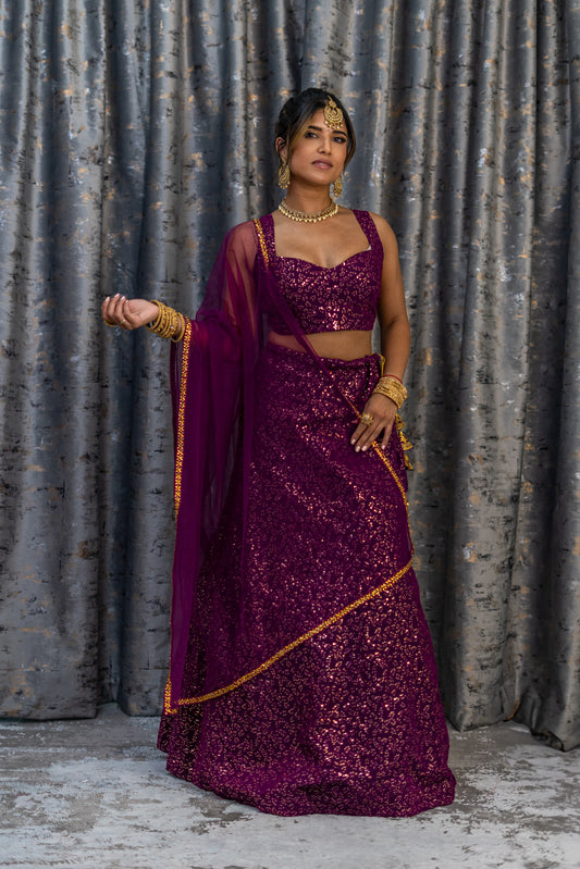 Purple Cotton Lehenga Set with Embroidery & Sequence Work