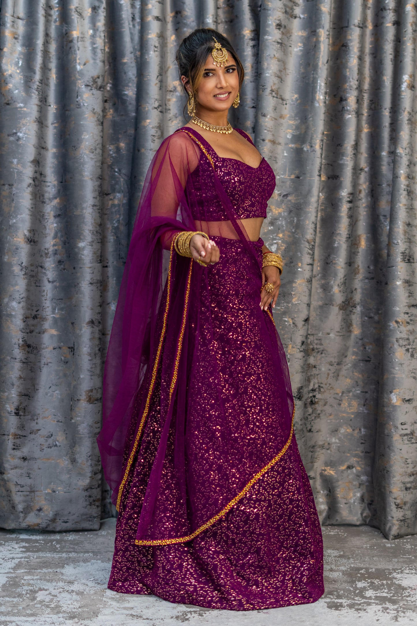 Purple Cotton Lehenga Set with Embroidery & Sequence Work