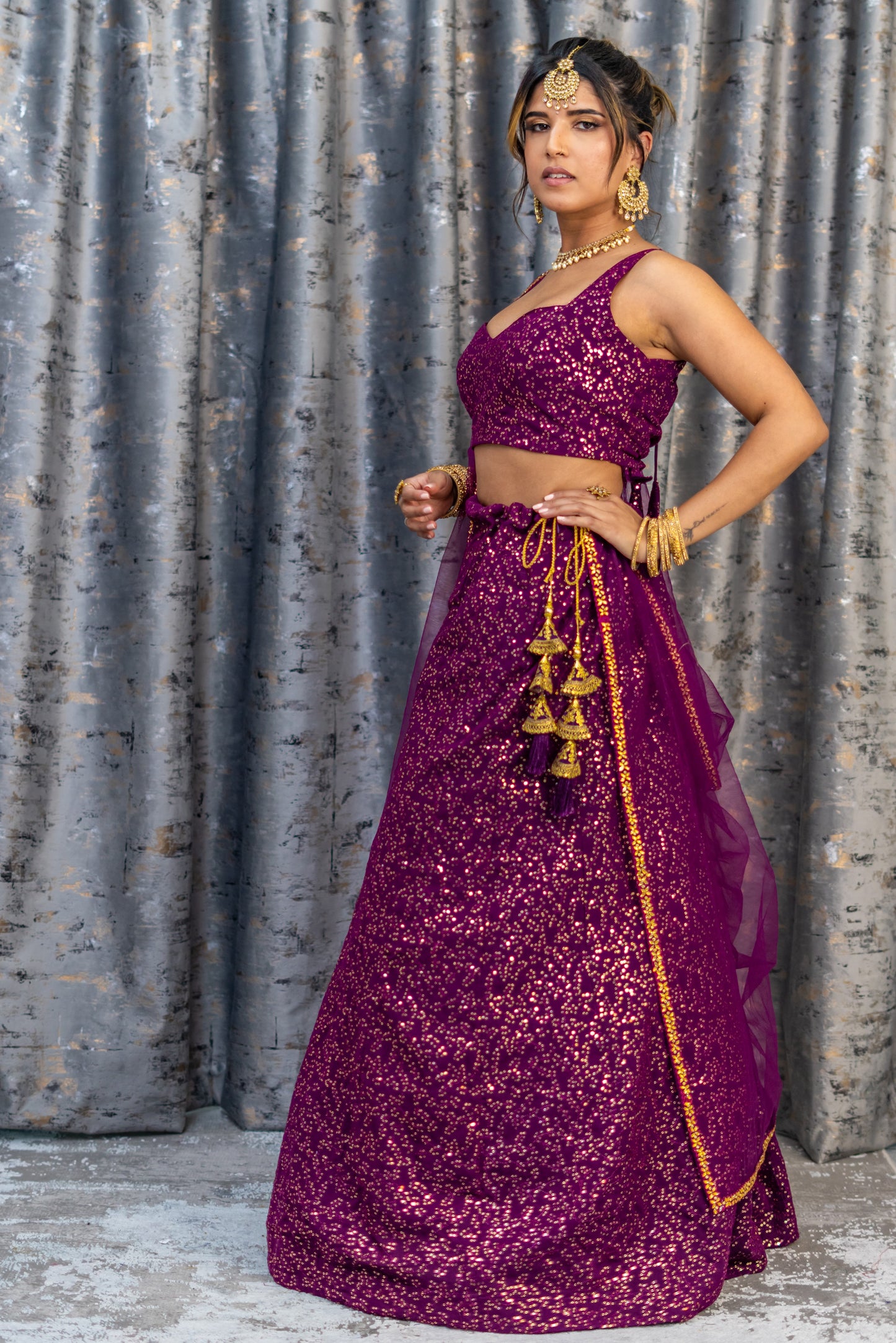 Purple Cotton Lehenga Set with Embroidery & Sequence Work