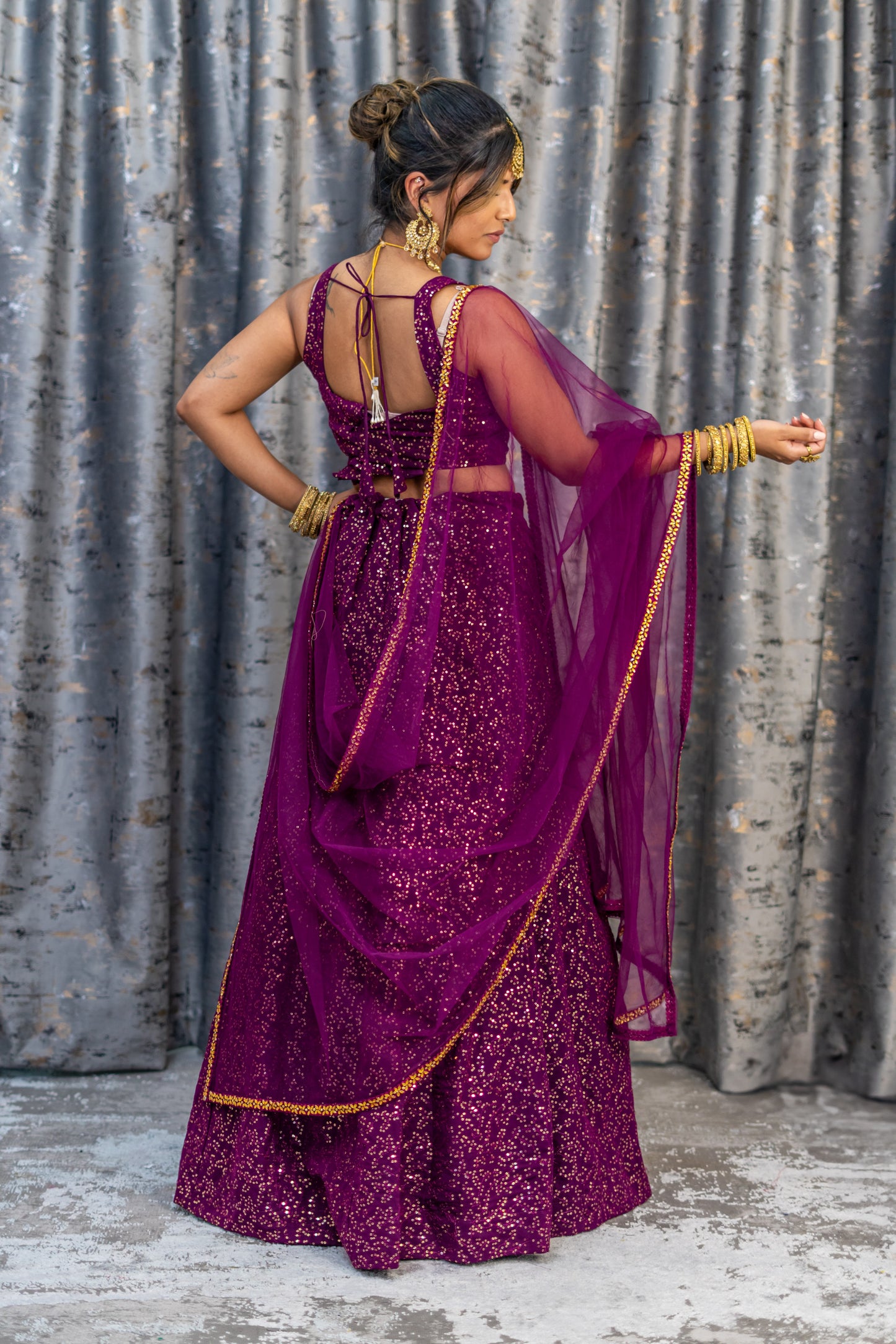 Purple Cotton Lehenga Set with Embroidery & Sequence Work