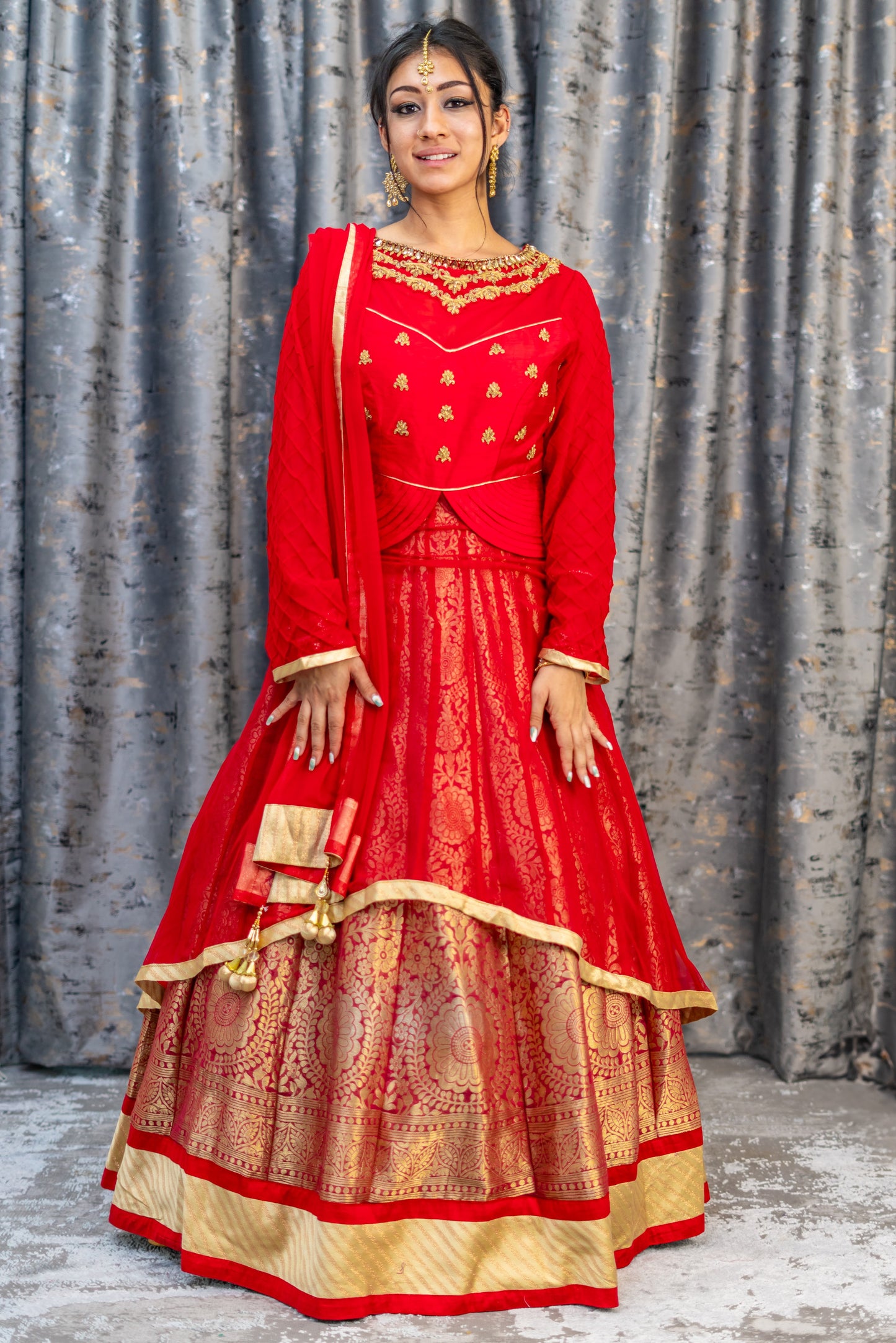 Red Brocade Lehenga Set With Swarovski Stone Work