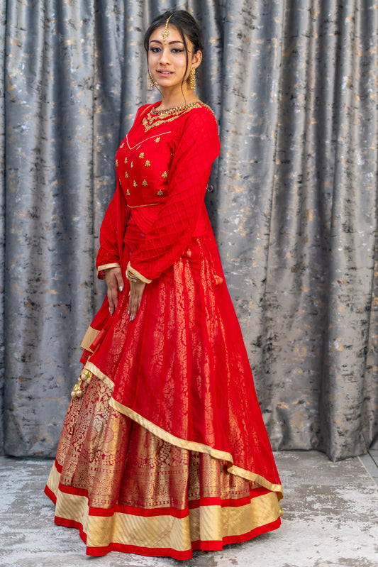 Red Brocade Lehenga Set With Swarovski Stone Work