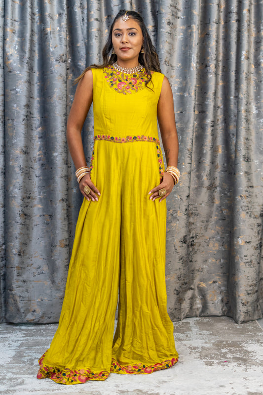 Yellow Cotton Jumpsuit with Floral Embroidery
