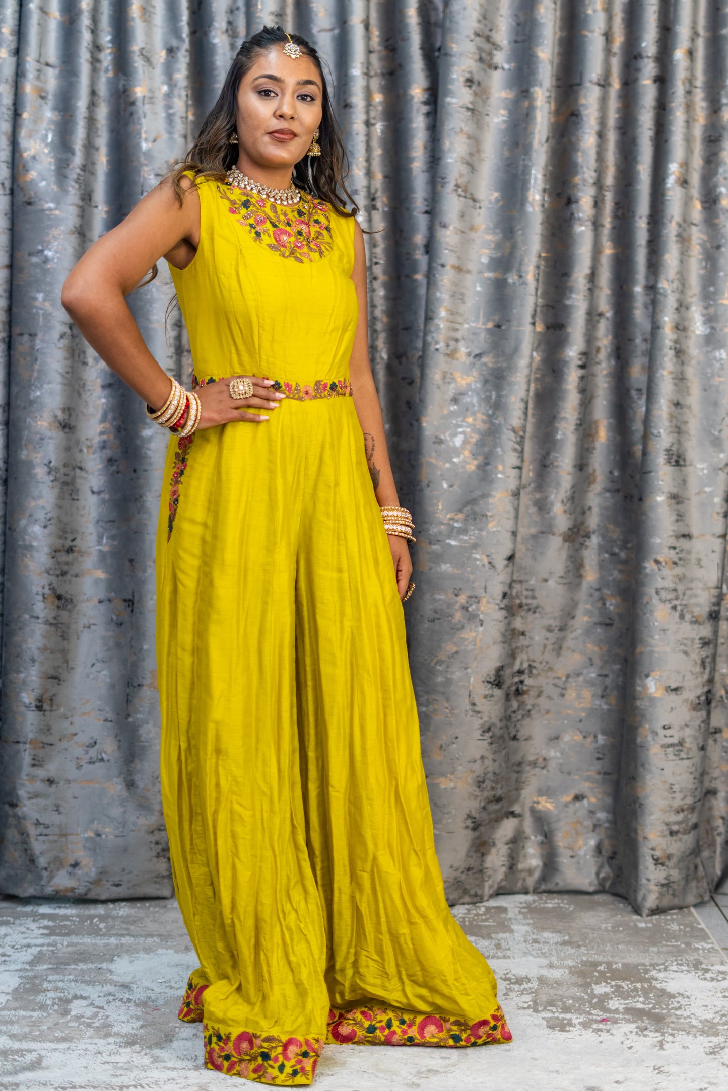 Yellow Cotton Jumpsuit with Floral Embroidery