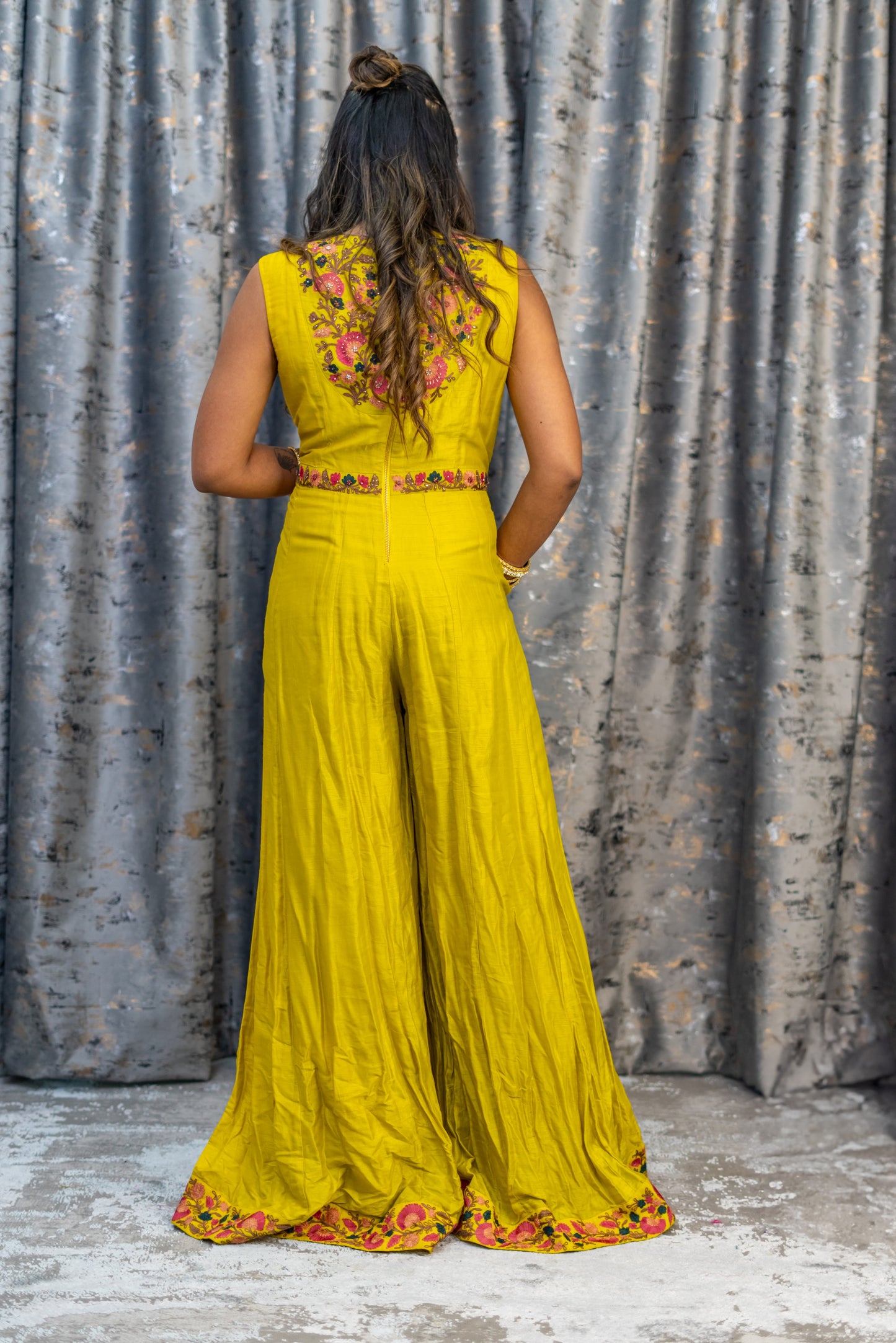 Yellow Cotton Jumpsuit with Floral Embroidery