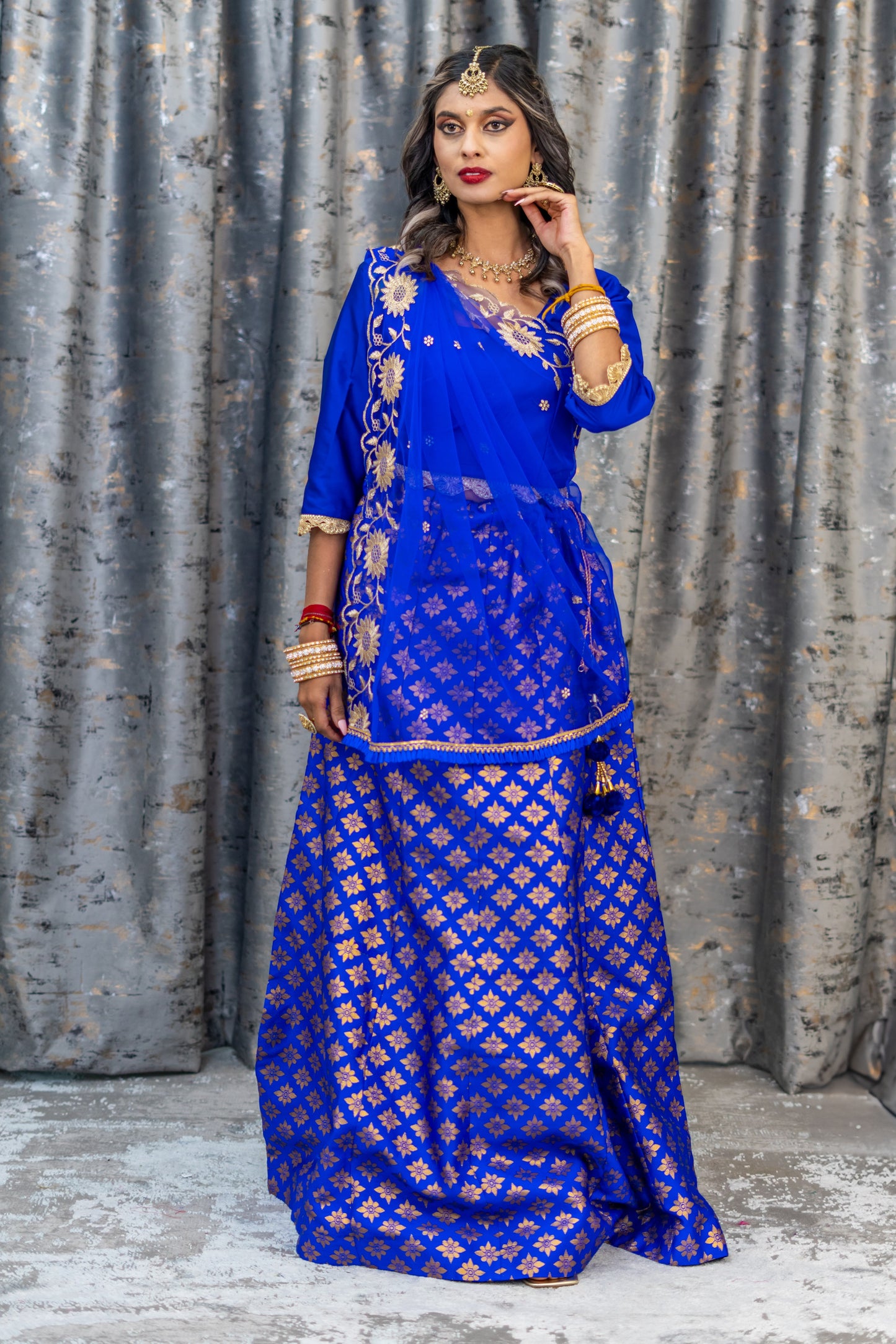 Royal Blue Brocade Lehenga Set