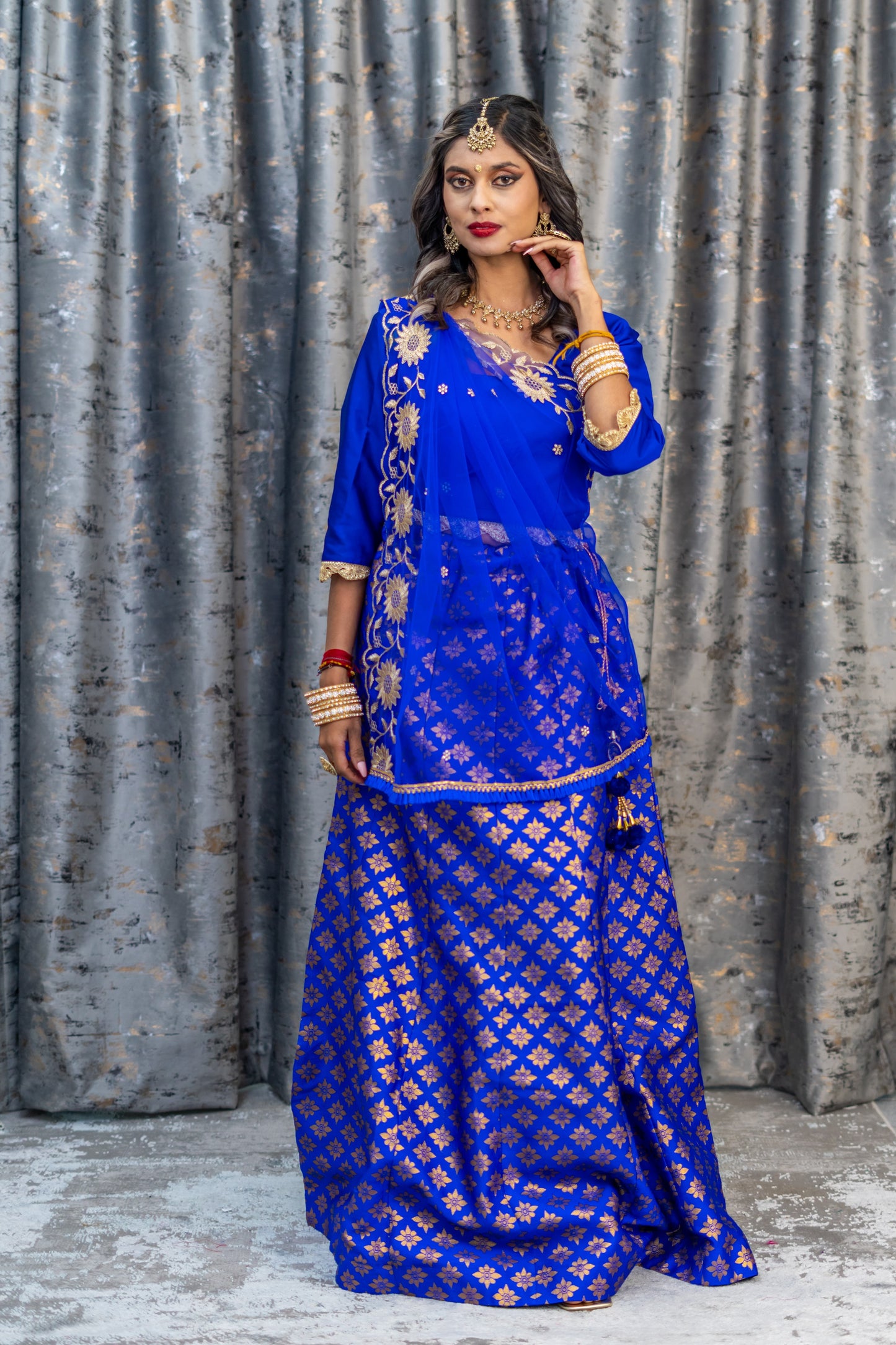 Royal Blue Brocade Lehenga Set