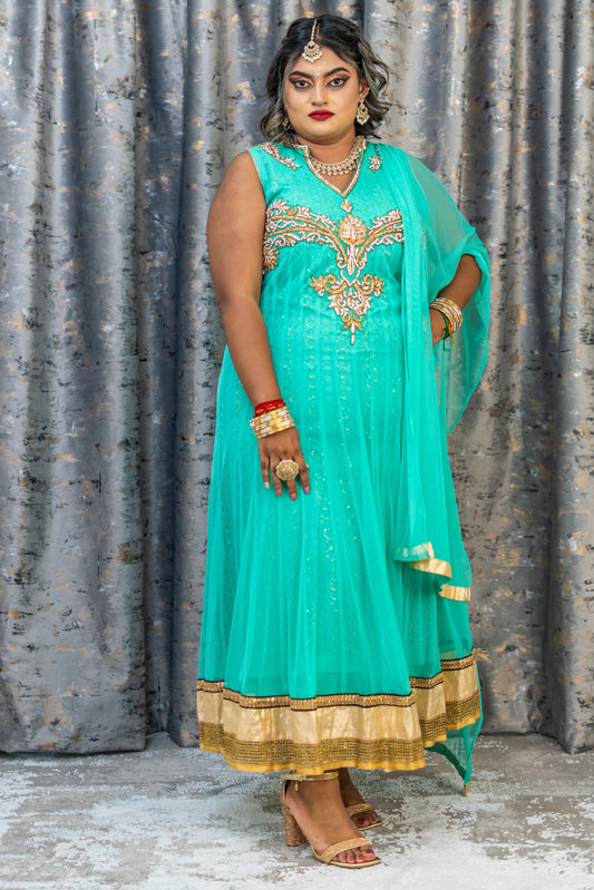 Teal Net Punjabi with Swarovski Stone Work