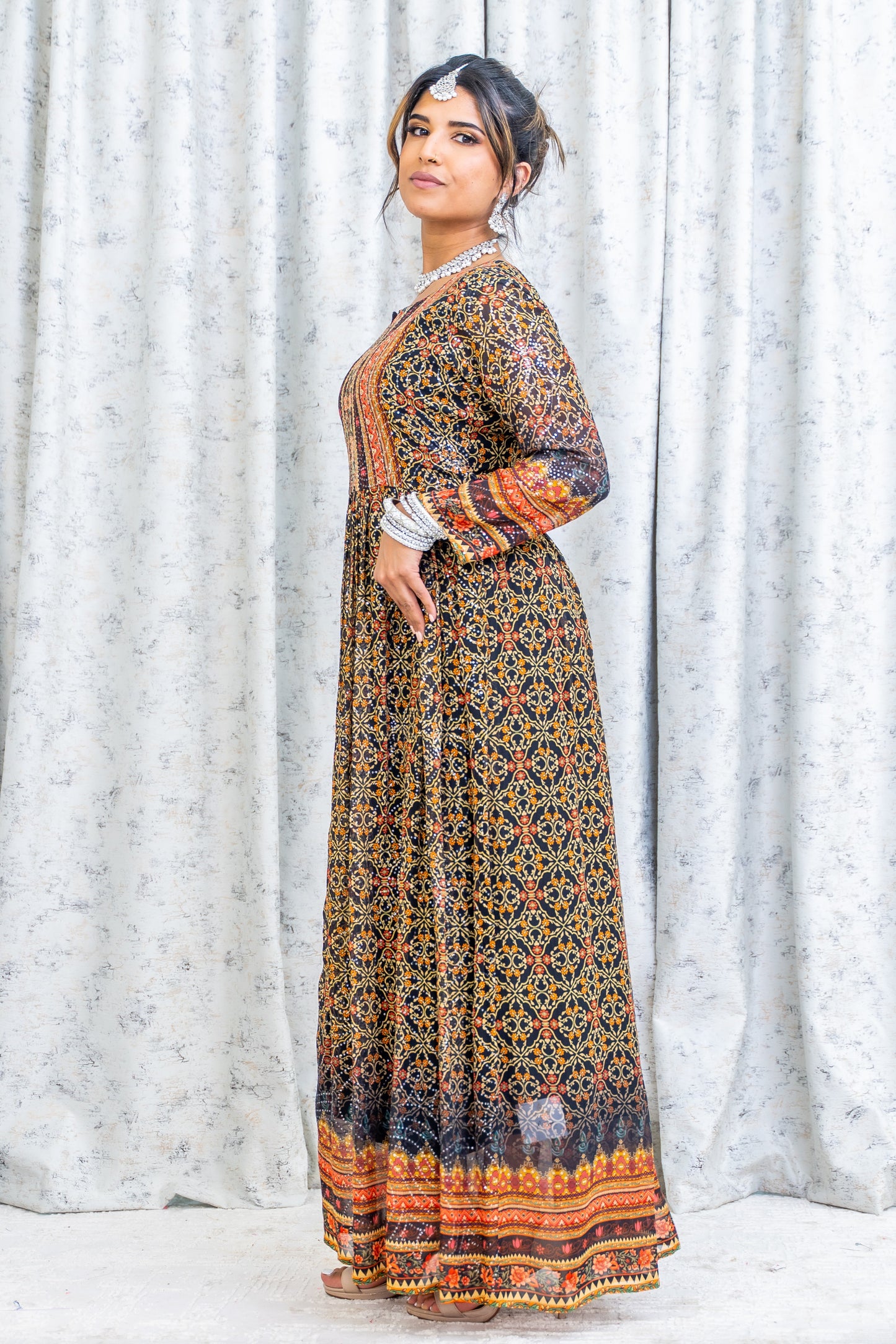 Black Floral Printed Crepe Kurti Top