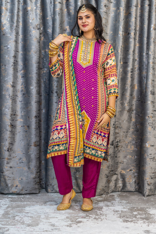 Purple Printed Chinon Silk Punjabi Set