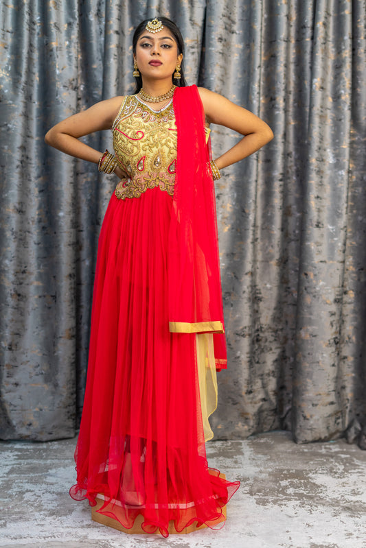 Red Net Punjabi Set with Swarovski Stone Work