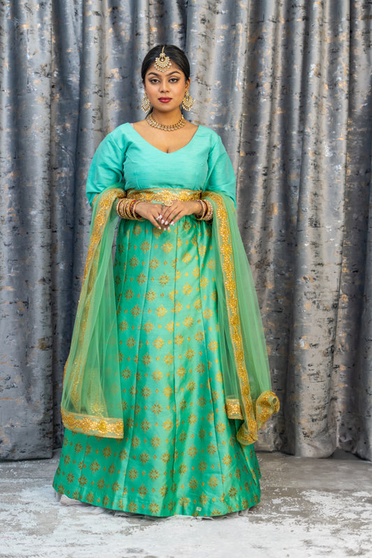 Teal Brocade Lehenga Set