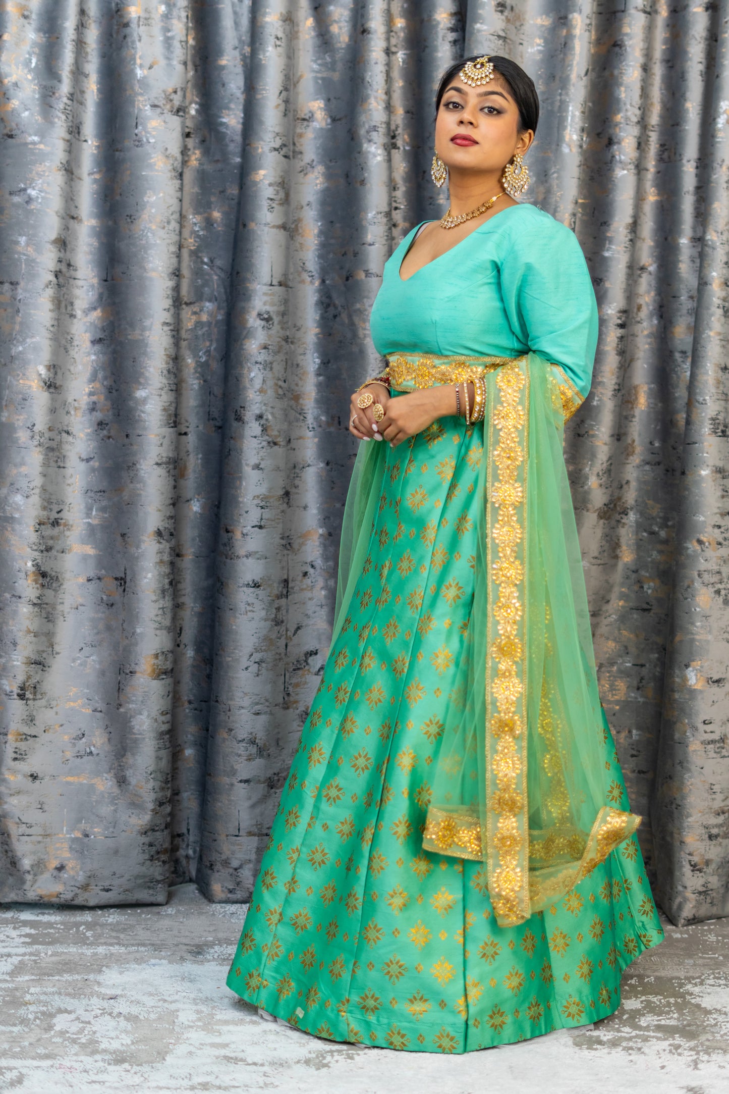 Teal Brocade Lehenga Set