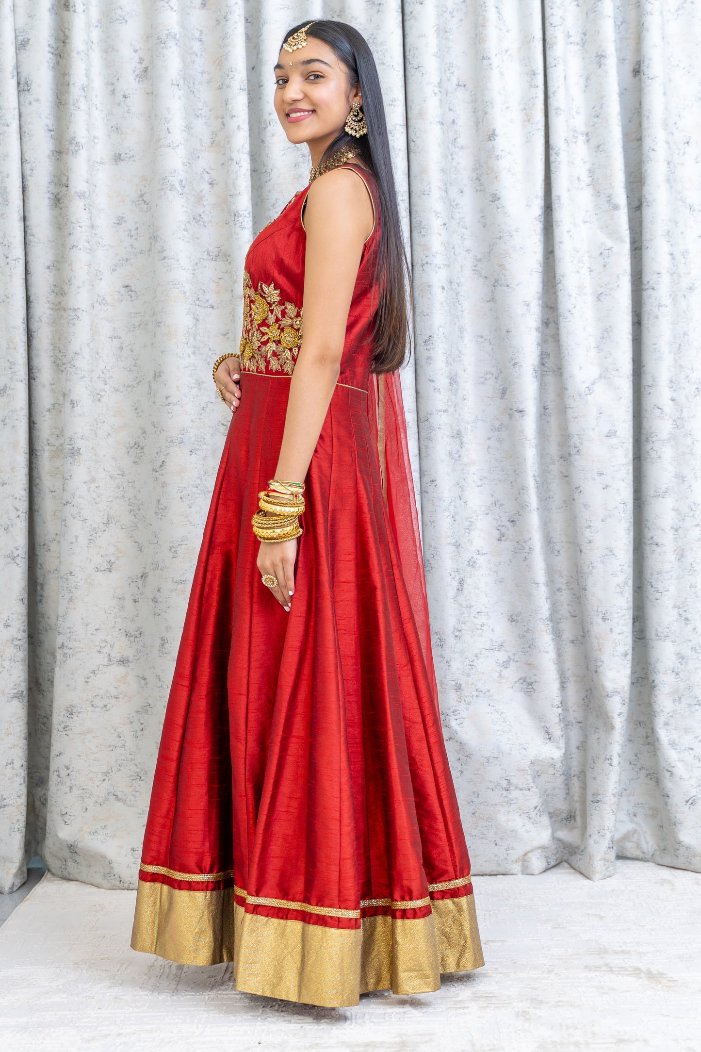 Deep Red Chinon Silk Punjabi Set with Swarovski Stone Work