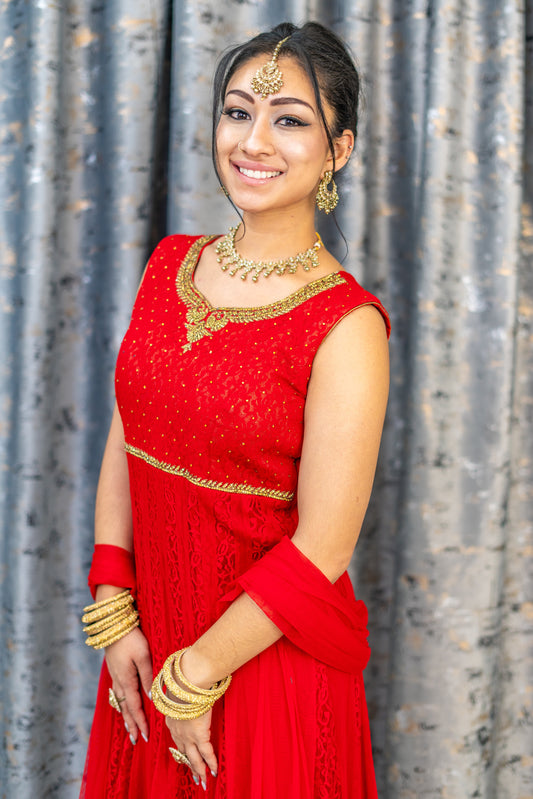 Red Net Punjabi Set with Gold Swarovski Stones