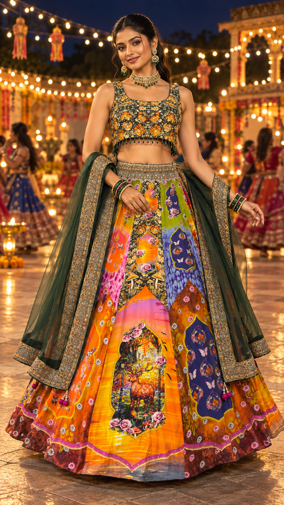 Mehndi Green Dear Printed Fully Flare Crepe Lehenga