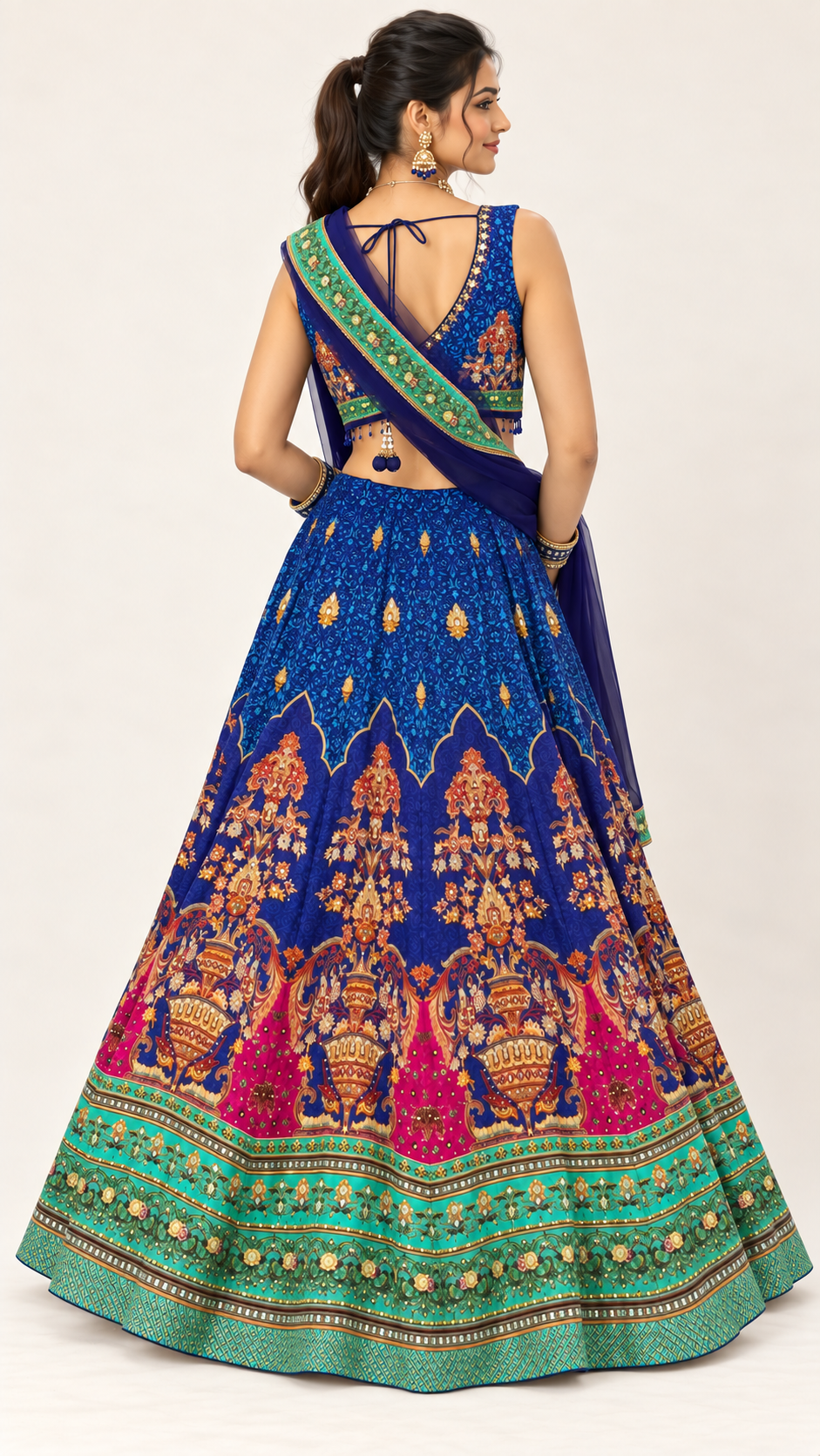 Royal Blue Printed Fully Flare Crepe Lehenga
