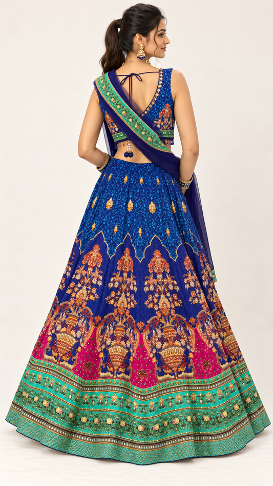 Royal Blue Printed Fully Flare Crepe Lehenga