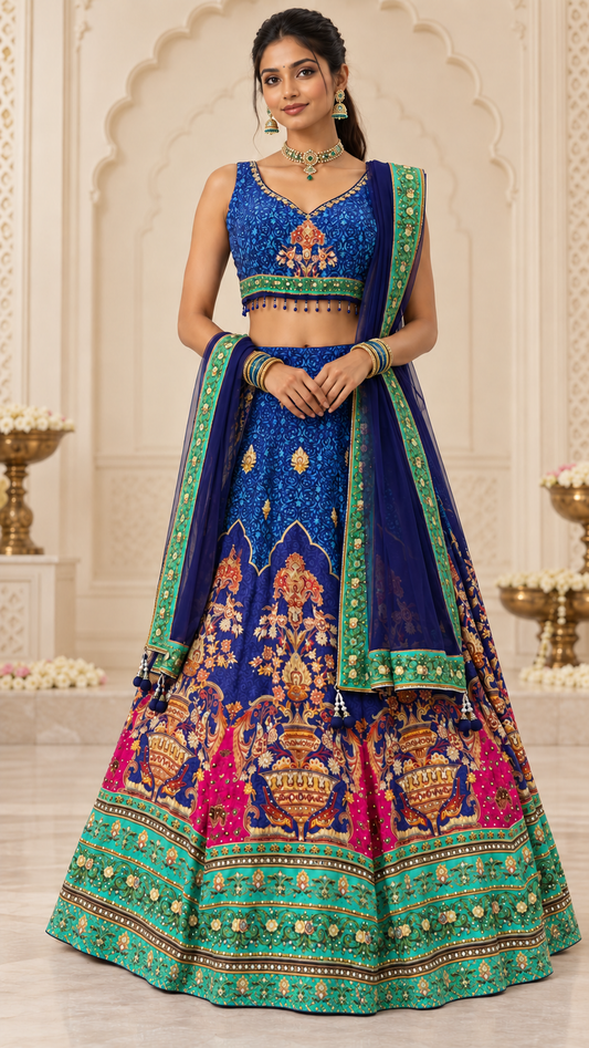 Royal Blue Printed Fully Flare Crepe Lehenga
