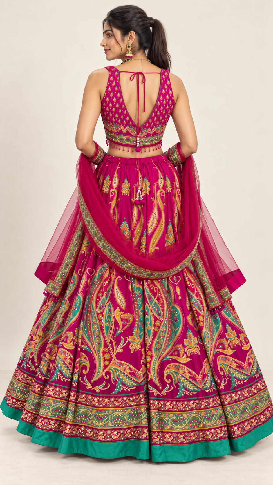 Pink Printed Fully Flare Crepe Lehenga