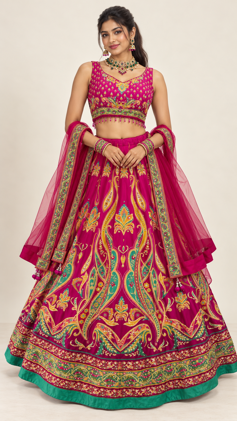 Pink Printed Fully Flare Crepe Lehenga