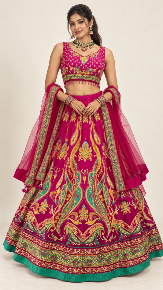 Pink Printed Fully Flare Crepe Lehenga