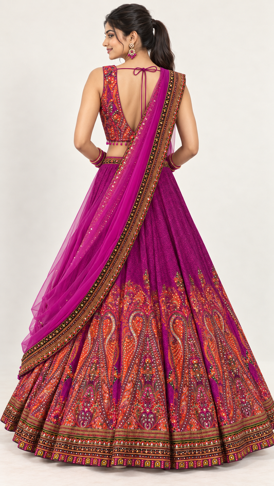 Kun Kum Purple Fully Flare Crepe Lehenga