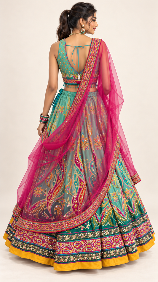 Turquoise Printed Fully Flare Crepe Lehenga