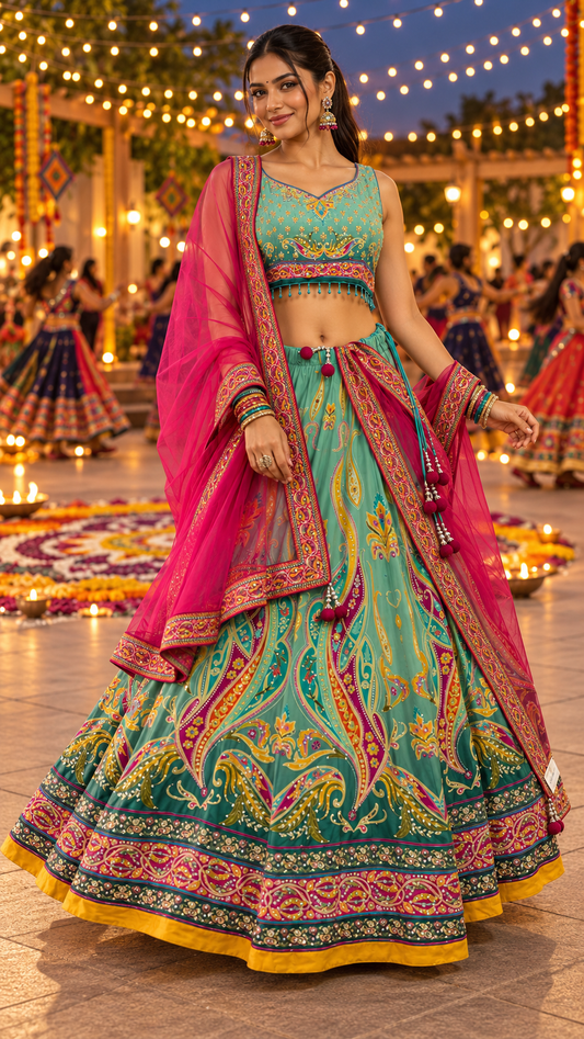 Turquoise Printed Fully Flare Crepe Lehenga