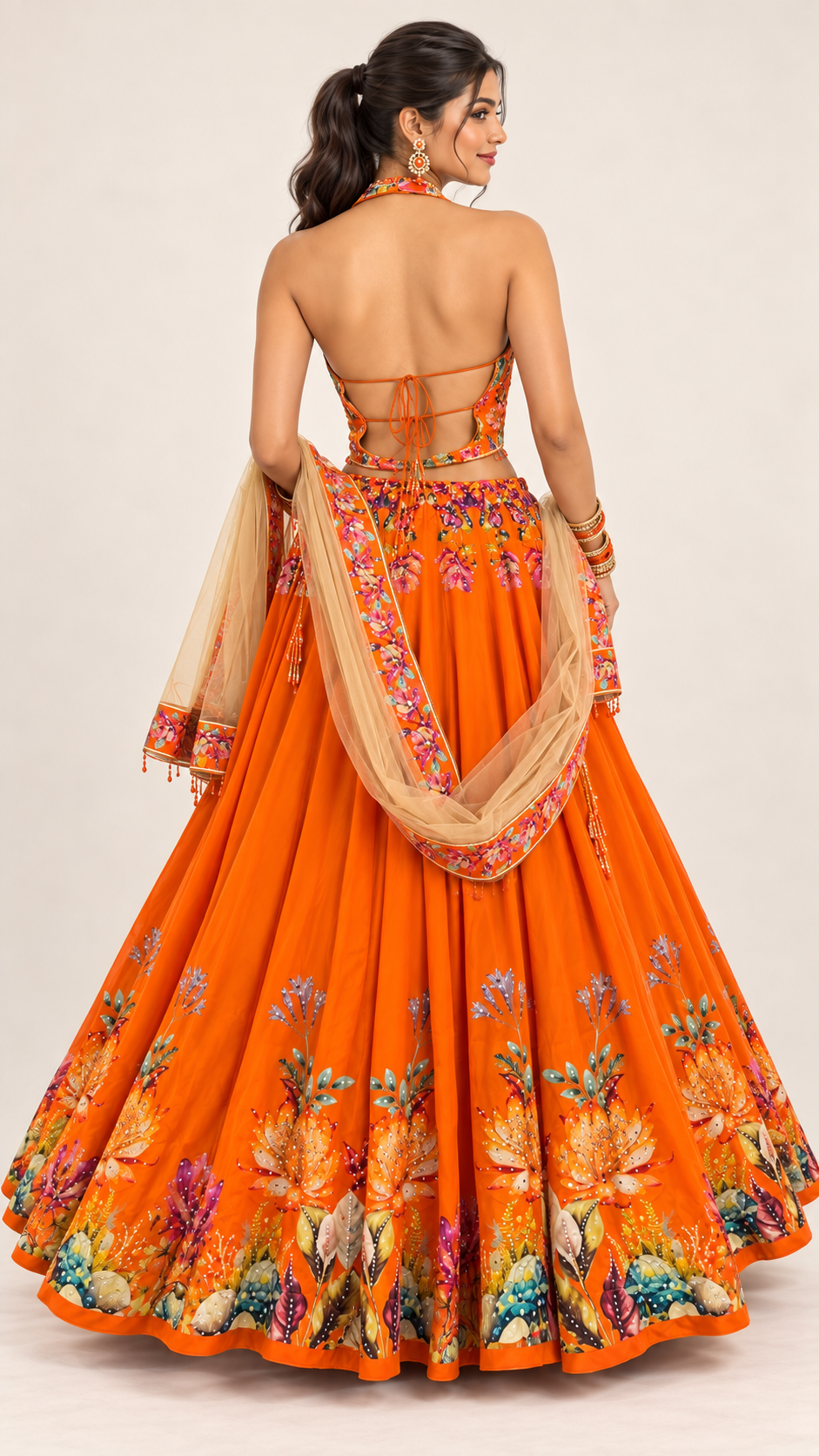 Orange Floral Printed Fully Flare Crepe Lehenga