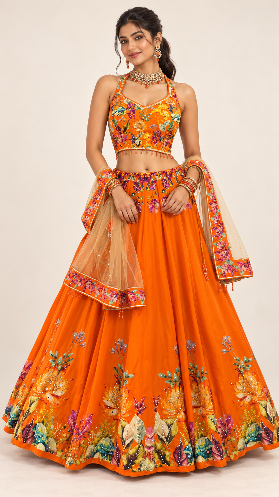 Orange Floral Printed Fully Flare Crepe Lehenga