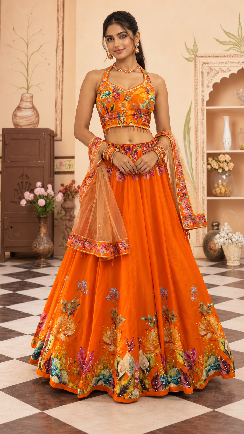 Orange Floral Printed Fully Flare Crepe Lehenga