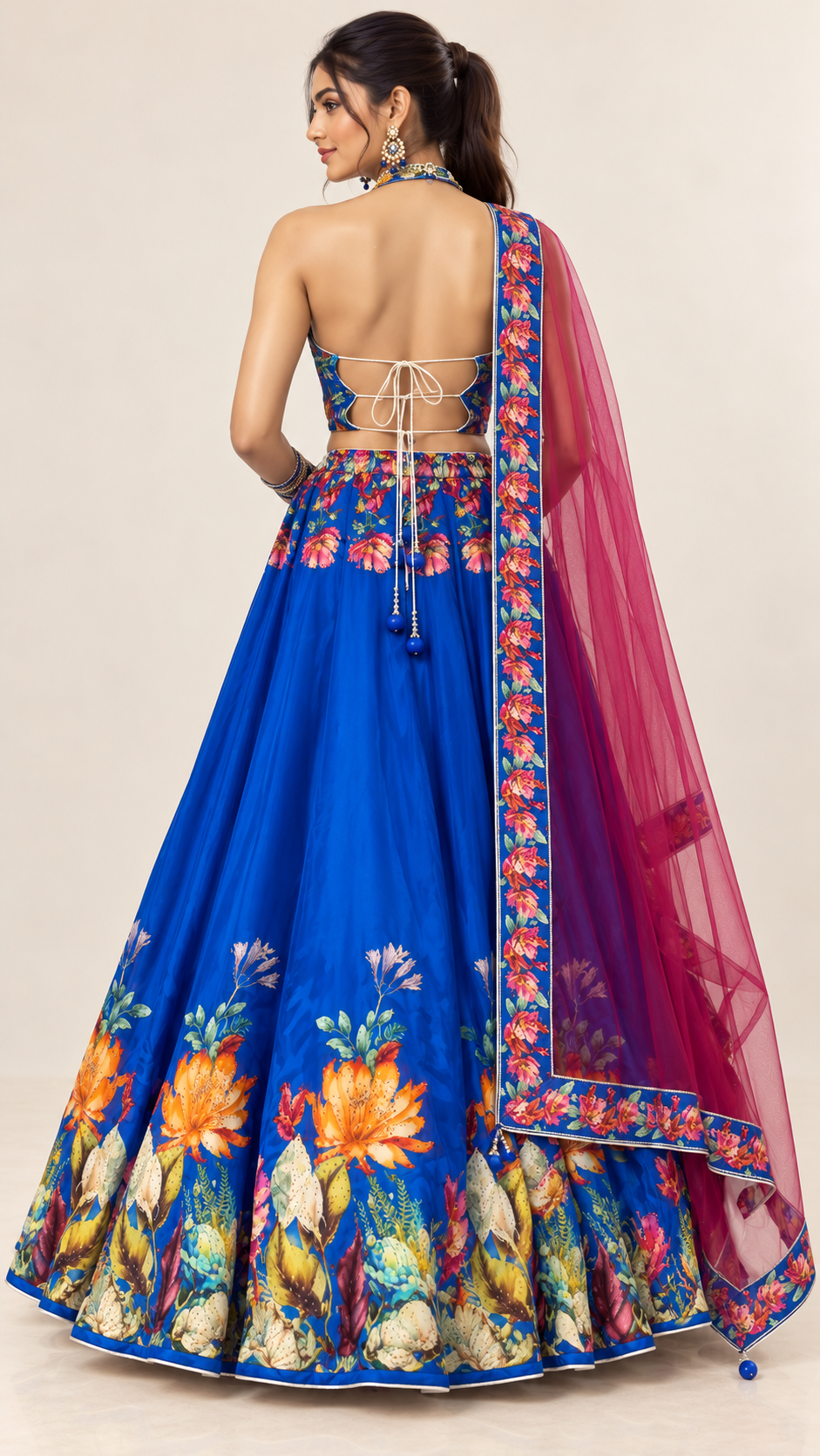 Royal Blue Floral Printed Fully Flare Crepe Lehenga