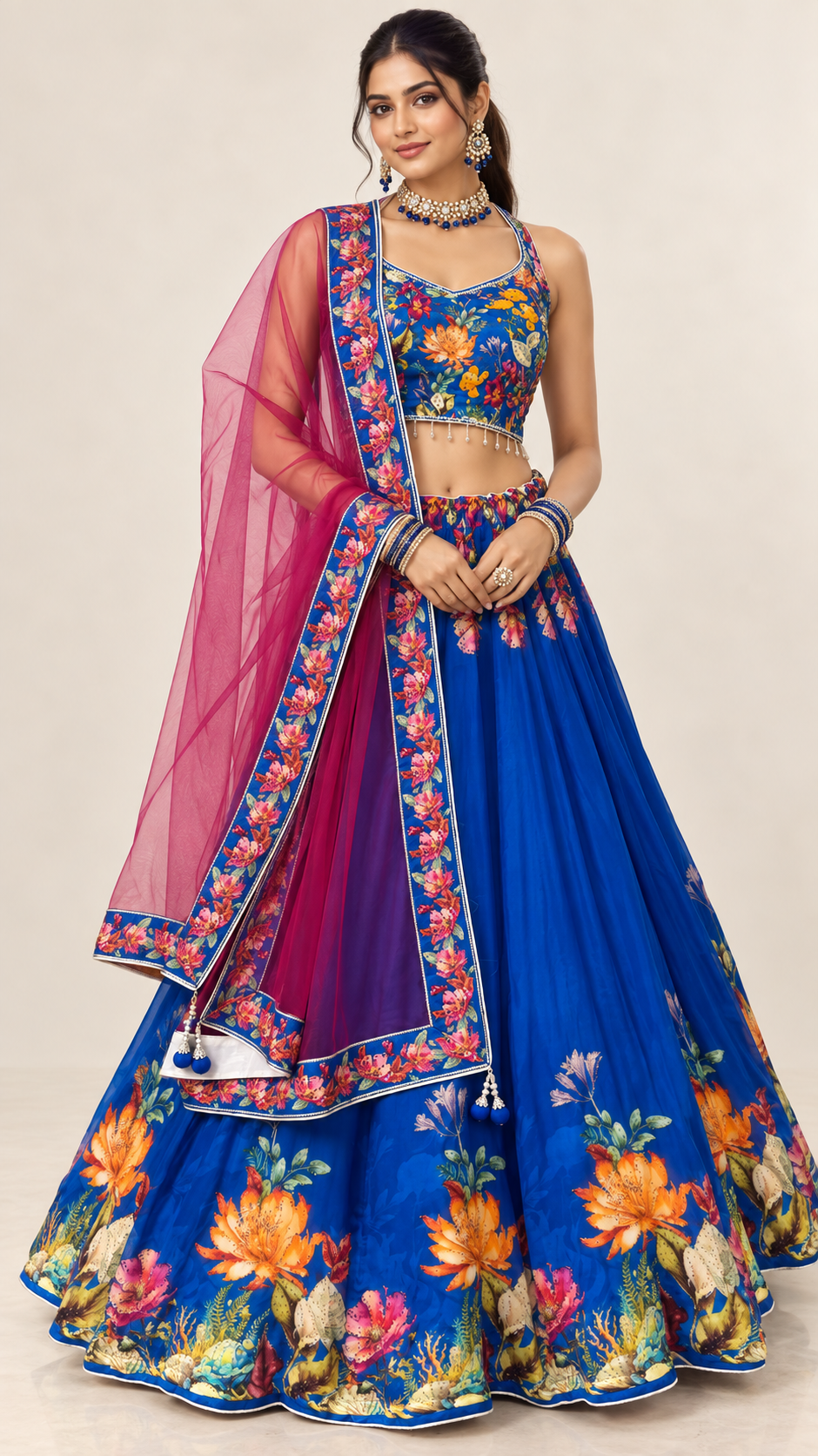 Royal Blue Floral Printed Fully Flare Crepe Lehenga