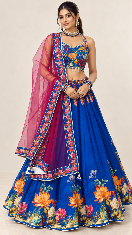 Royal Blue Floral Printed Fully Flare Crepe Lehenga