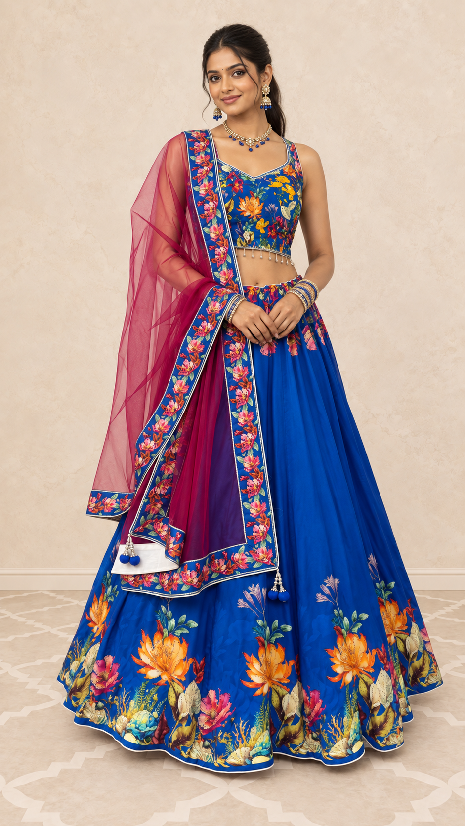 Royal Blue Floral Printed Fully Flare Crepe Lehenga