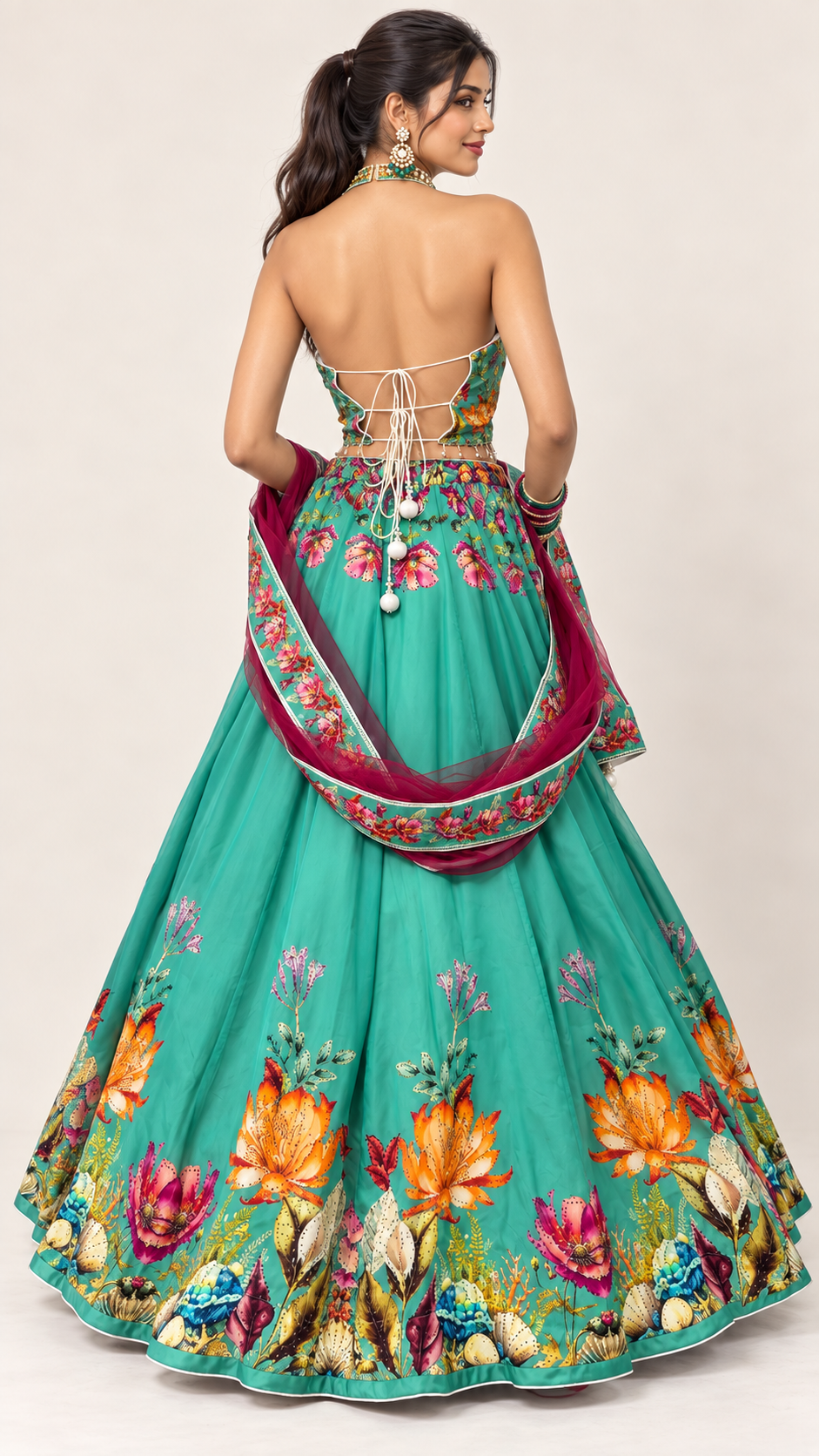 Turquoise Floral Printed Fully Flare Crepe Lehenga