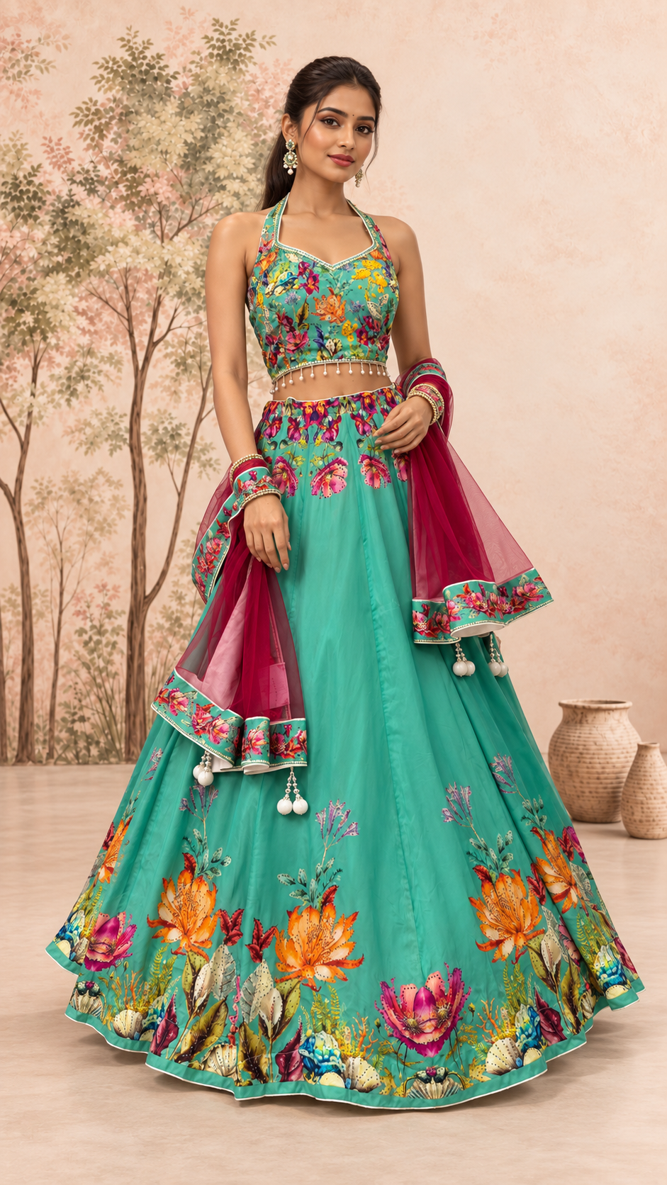 Turquoise Floral Printed Fully Flare Crepe Lehenga
